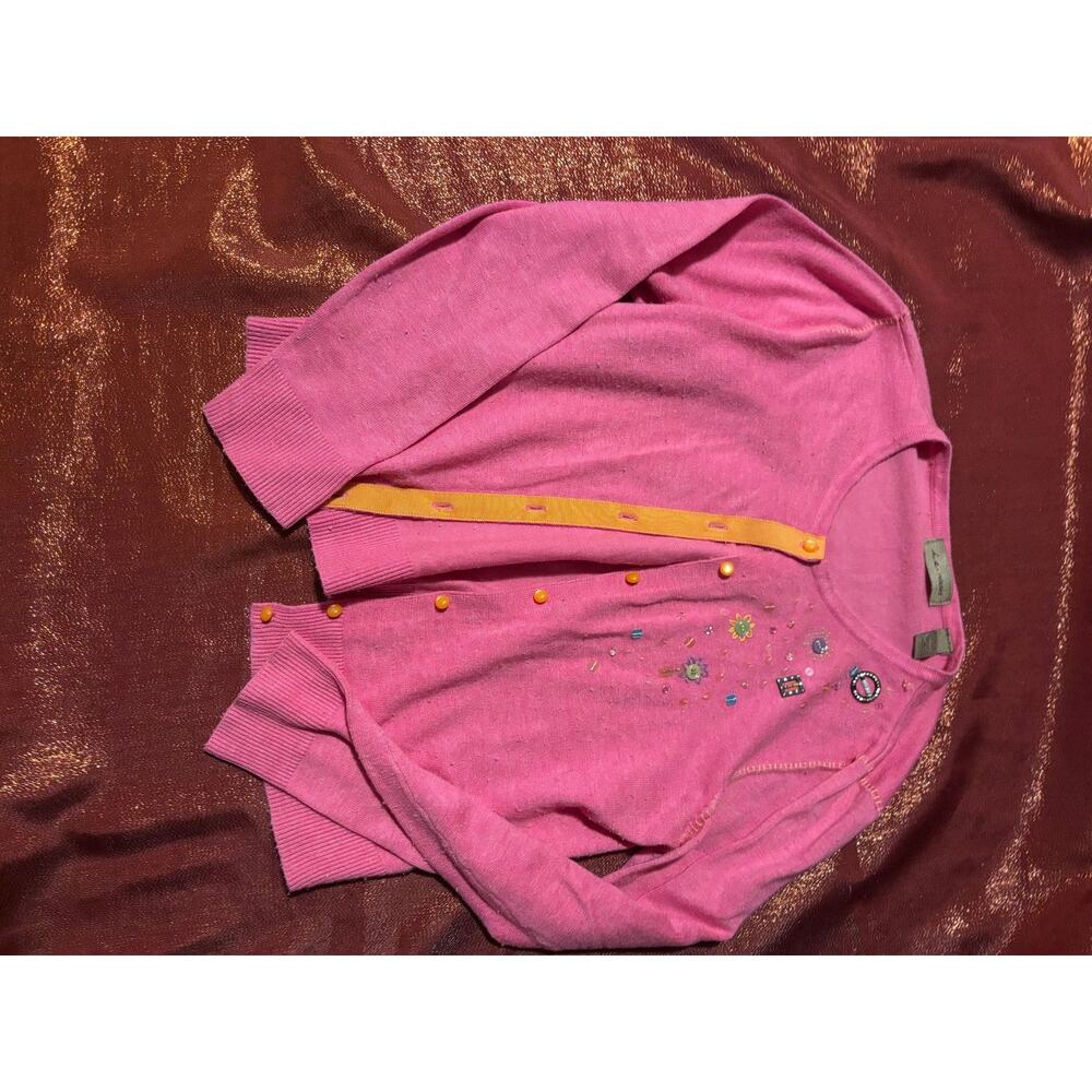 isla relaxed Cardigan Womens M Pink Embellished Beaded ButtonFront Sequins